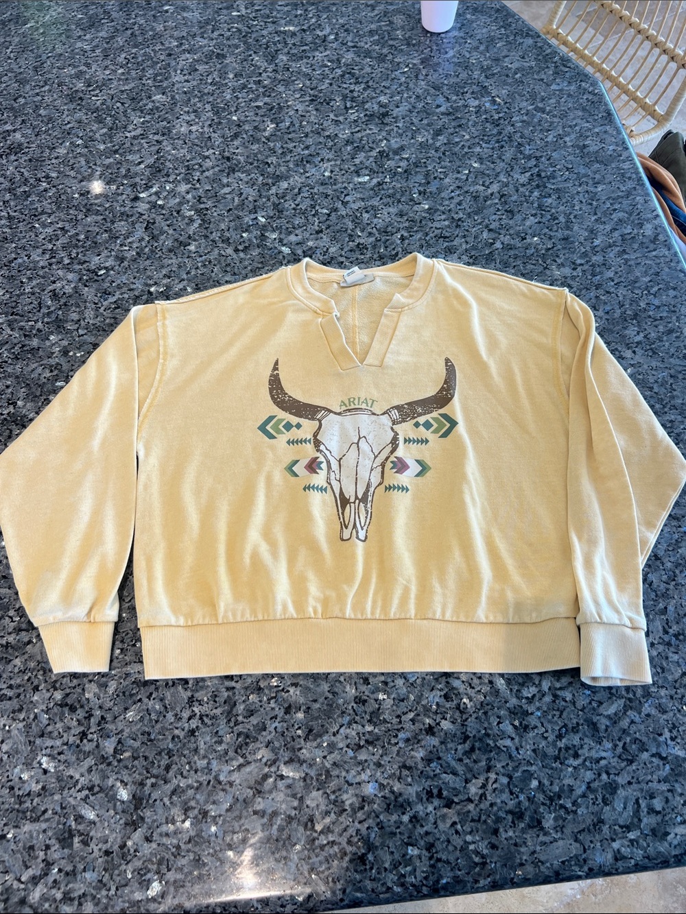 Ariat women’s Pale Yellow V-Neck Skull Graphic Sweater with Tribal Accents